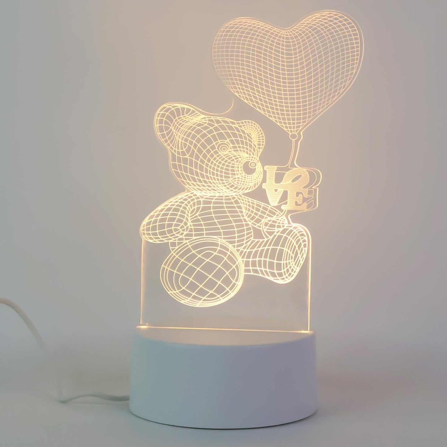3D Illusion LED Night Lamp with Teddy Bear Holding Heart Design