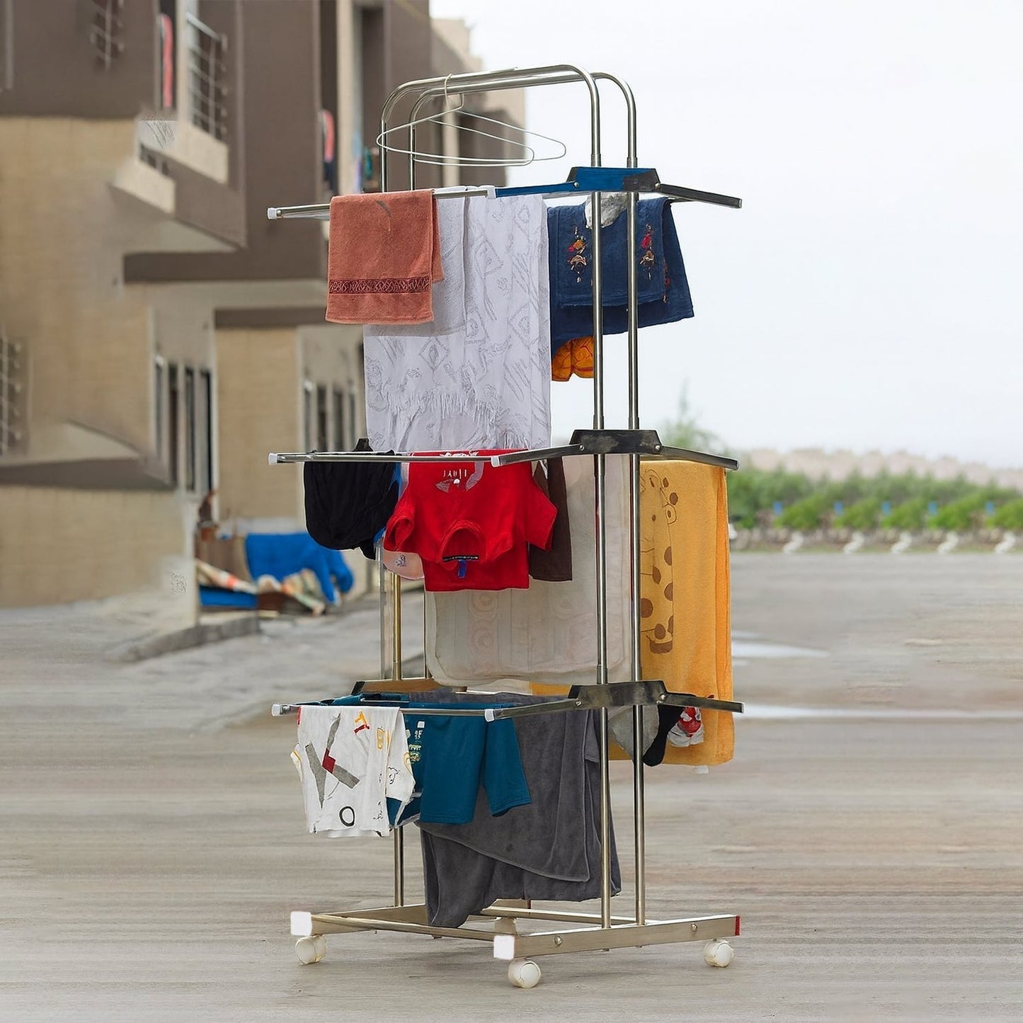 3 Layer Foldable Stainless Steel Cloth Drying Stand with Wheels