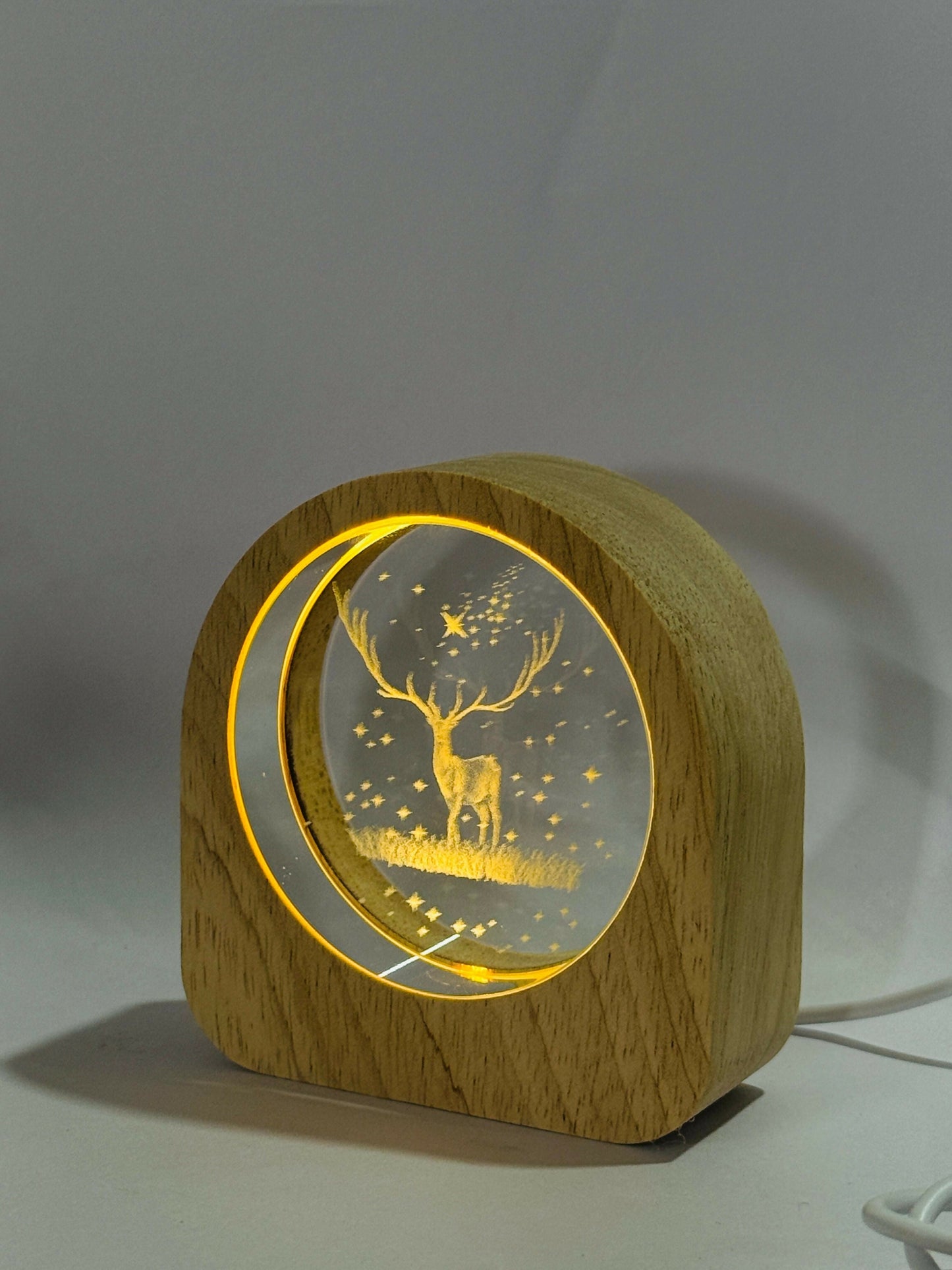 3D Deer in Forest Scene Crystal Glass LED Night Lamp with Wooden Frame