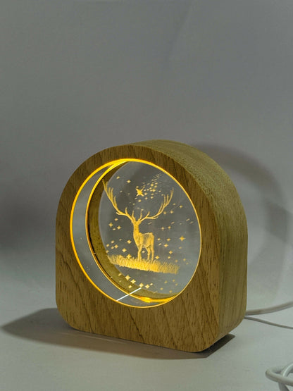 3D Deer in Forest Scene Crystal Glass LED Night Lamp with Wooden Frame